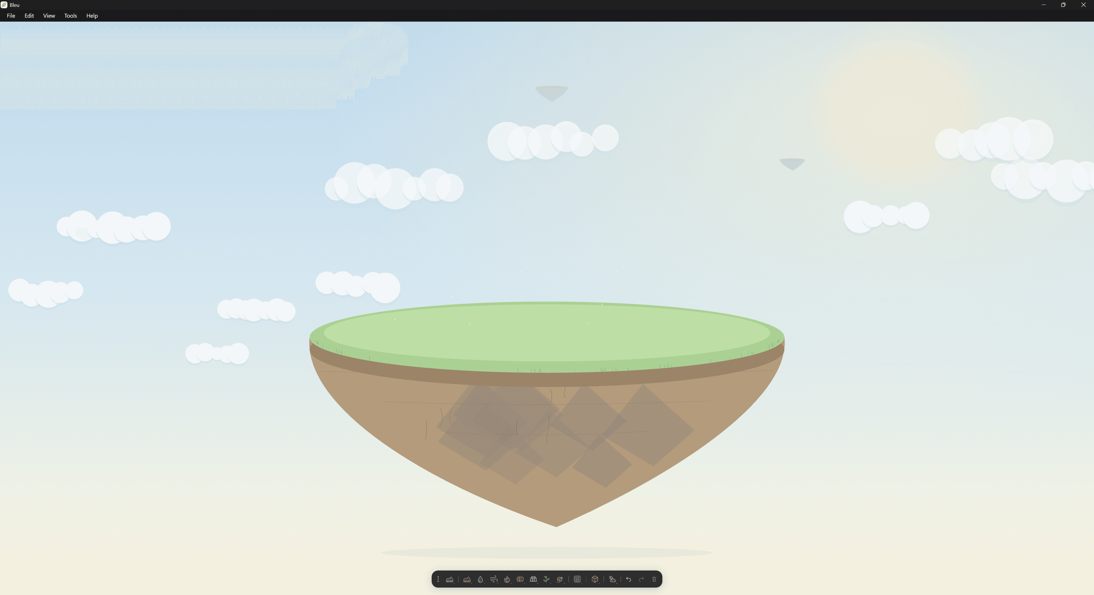 The Bleu desktop app showing the Floating island, drifting white clouds, and the painting palette.